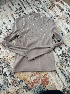 Zara Pearl-Embellished Taupe Knit Mock Neck Sweater